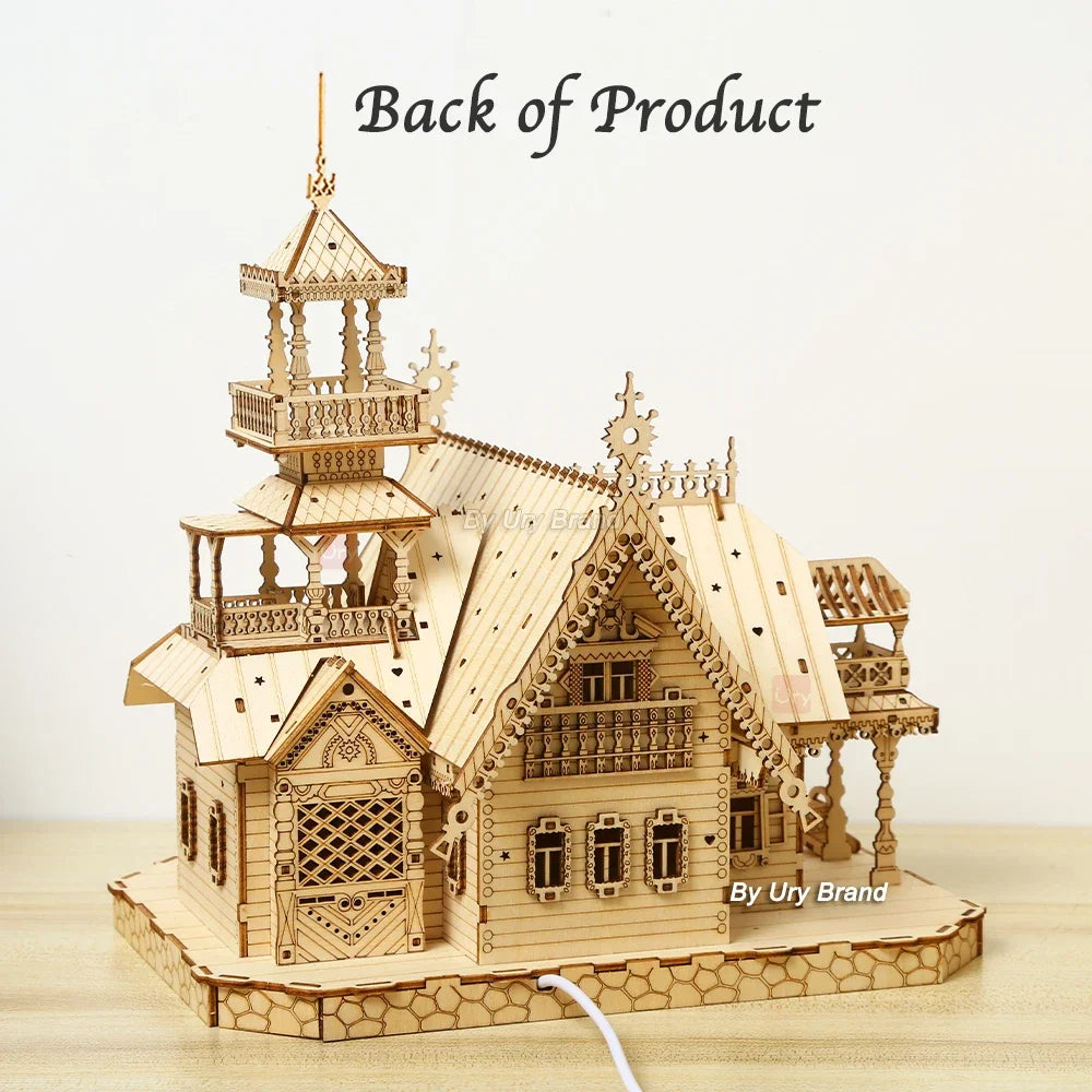 3D Wooden Puzzle Villa House Royal Castle with Light Assembly Toy Kid Adult DIY Model Kits Desk Decoration for Gift