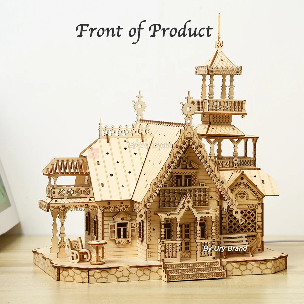 3D Wooden Puzzle Villa House Royal Castle with Light Assembly Toy Kid Adult DIY Model Kits Desk Decoration for Gift