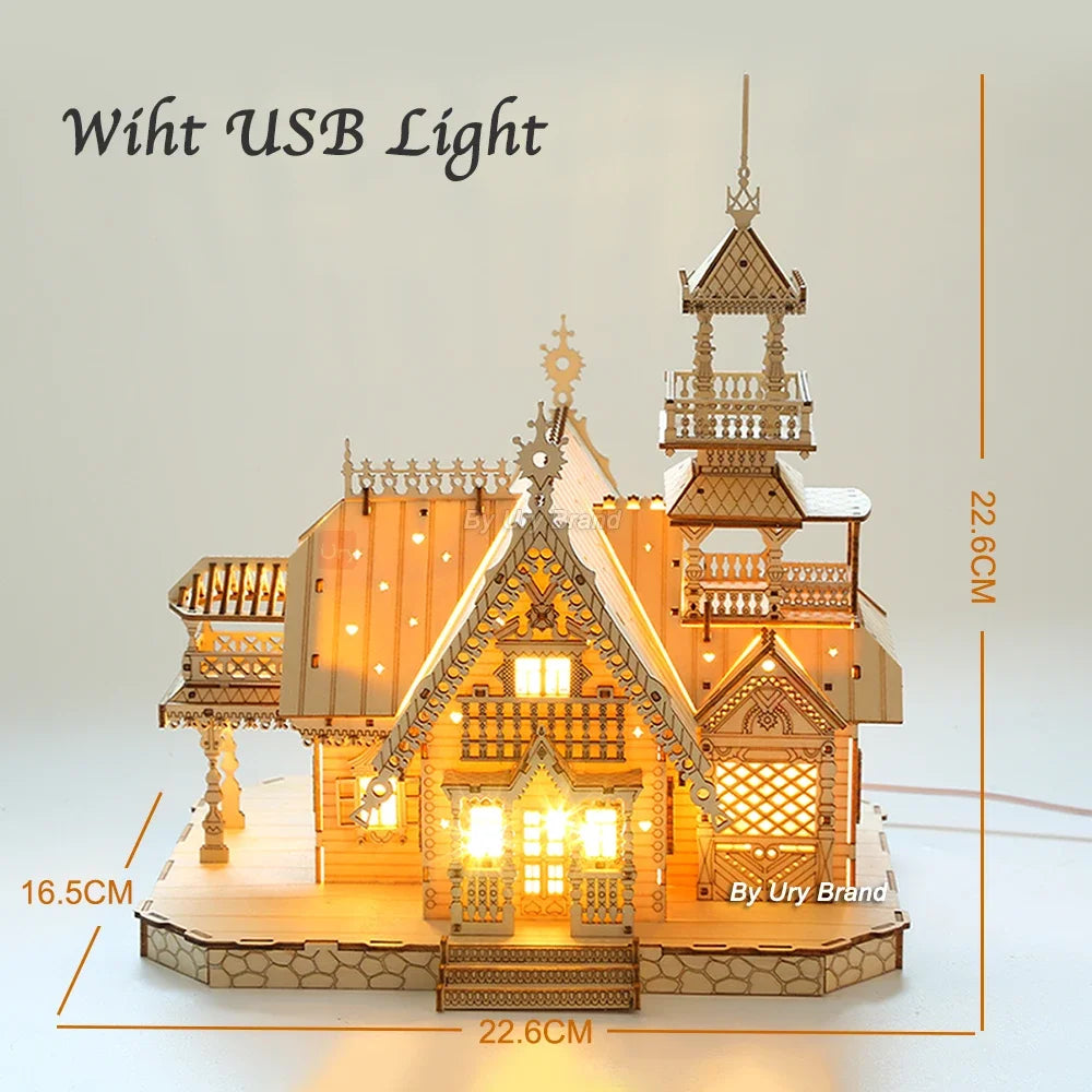 3D Wooden Puzzle Villa House Royal Castle with Light Assembly Toy Kid Adult DIY Model Kits Desk Decoration for Gift