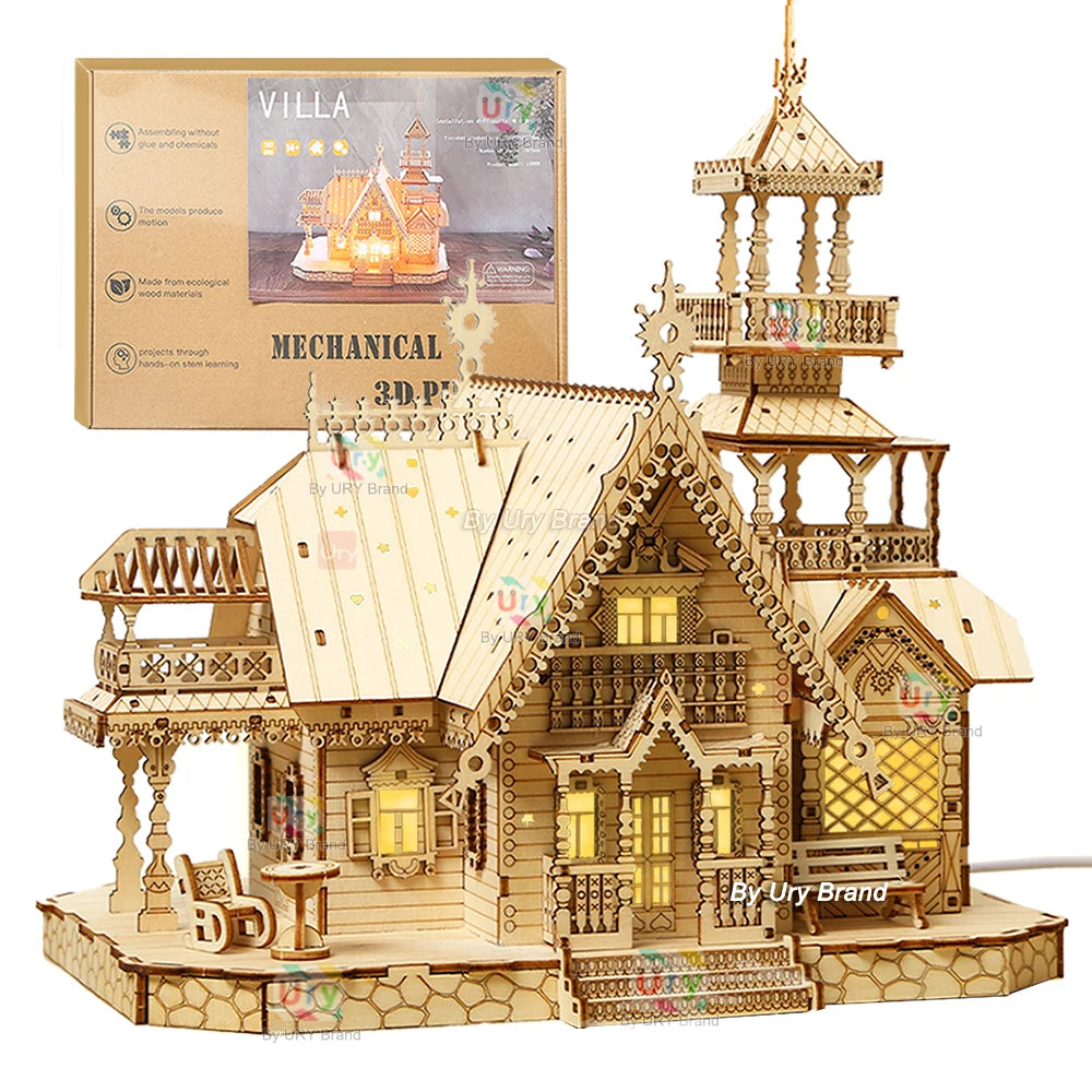 3D Wooden Puzzle Villa House Royal Castle with Light Assembly Toy Kid Adult DIY Model Kits Desk Decoration for Gift