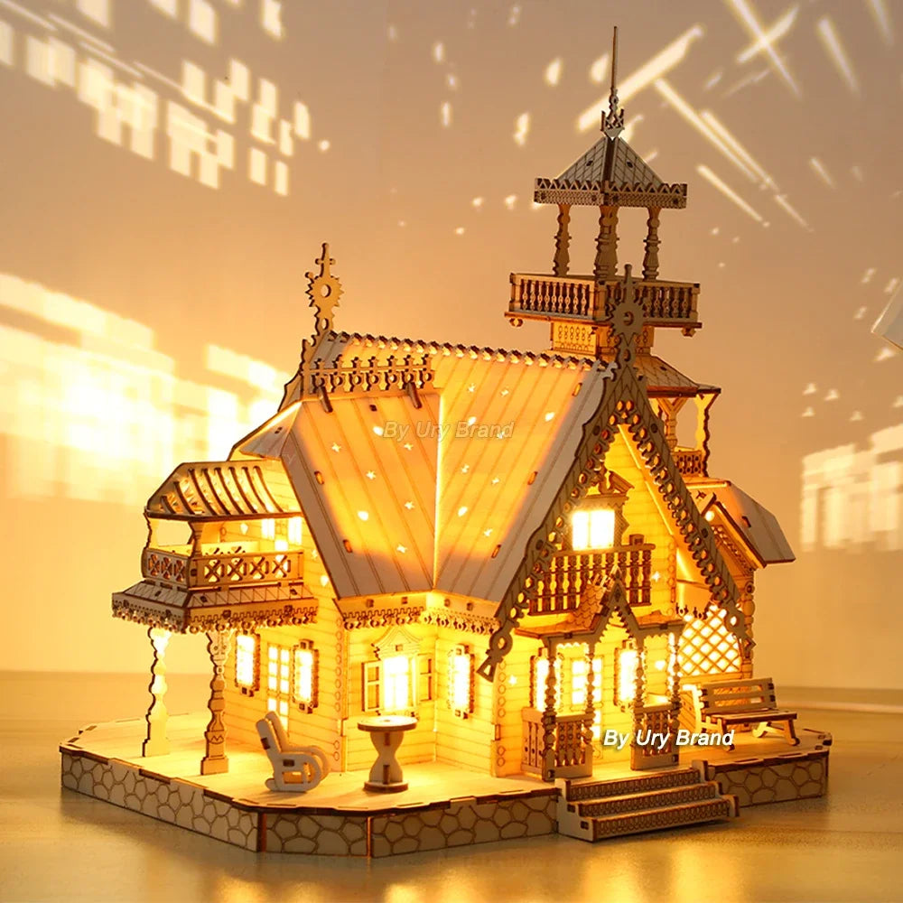 3D Wooden Puzzle Villa House Royal Castle with Light Assembly Toy Kid Adult DIY Model Kits Desk Decoration for Gift