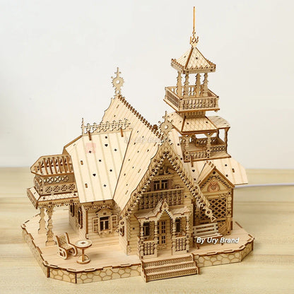 3D Wooden Puzzle Villa House Royal Castle with Light Assembly Toy Kid Adult DIY Model Kits Desk Decoration for Gift